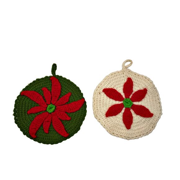 Vintage 7" Handmade Crocheted Poinsettia Pot Holders Green White Red Lot of 2 - Picture 1 of 5